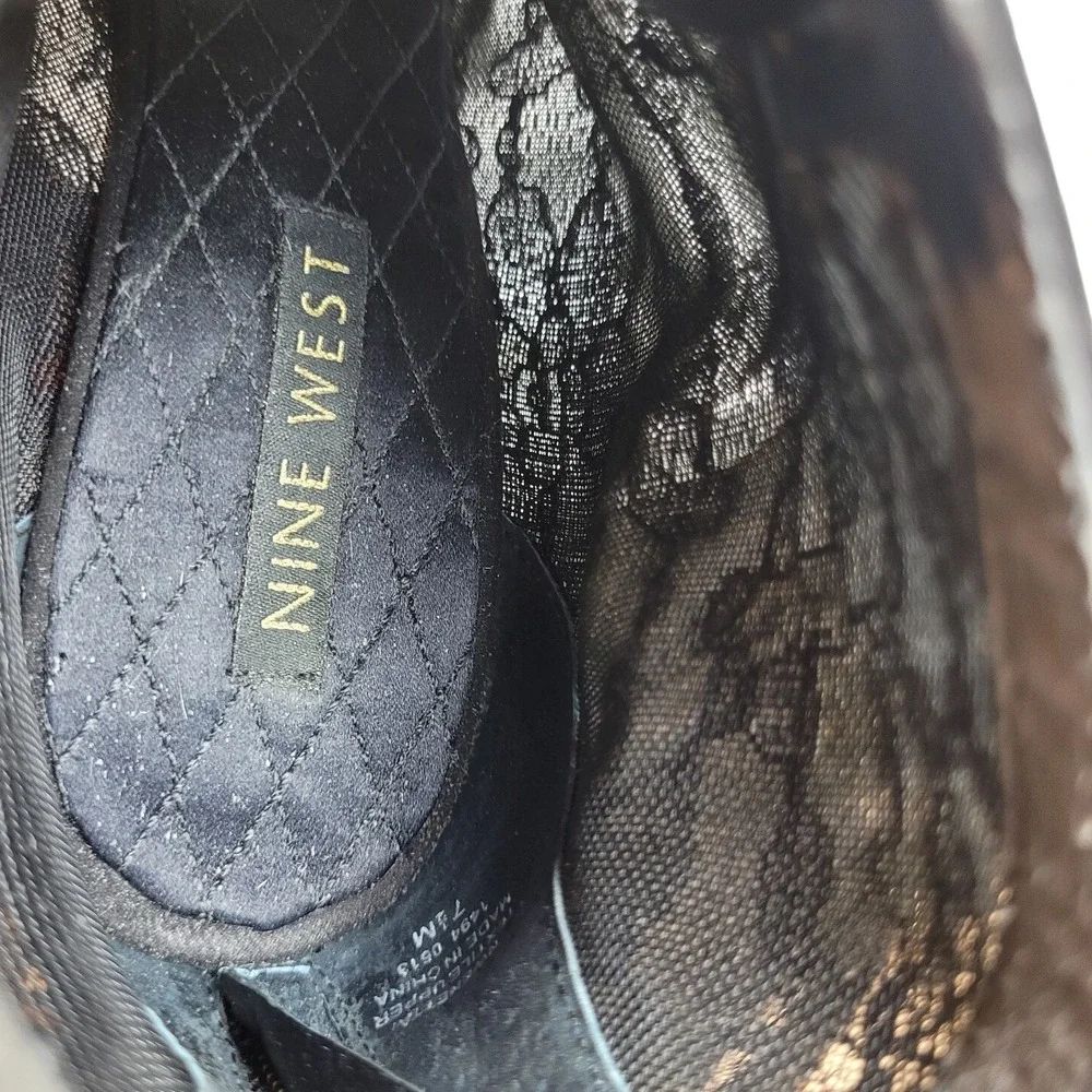Nine West Enetta Black Lace High Heels Women's 7.5 Peep Toe Zip Boho Whimsigoth.